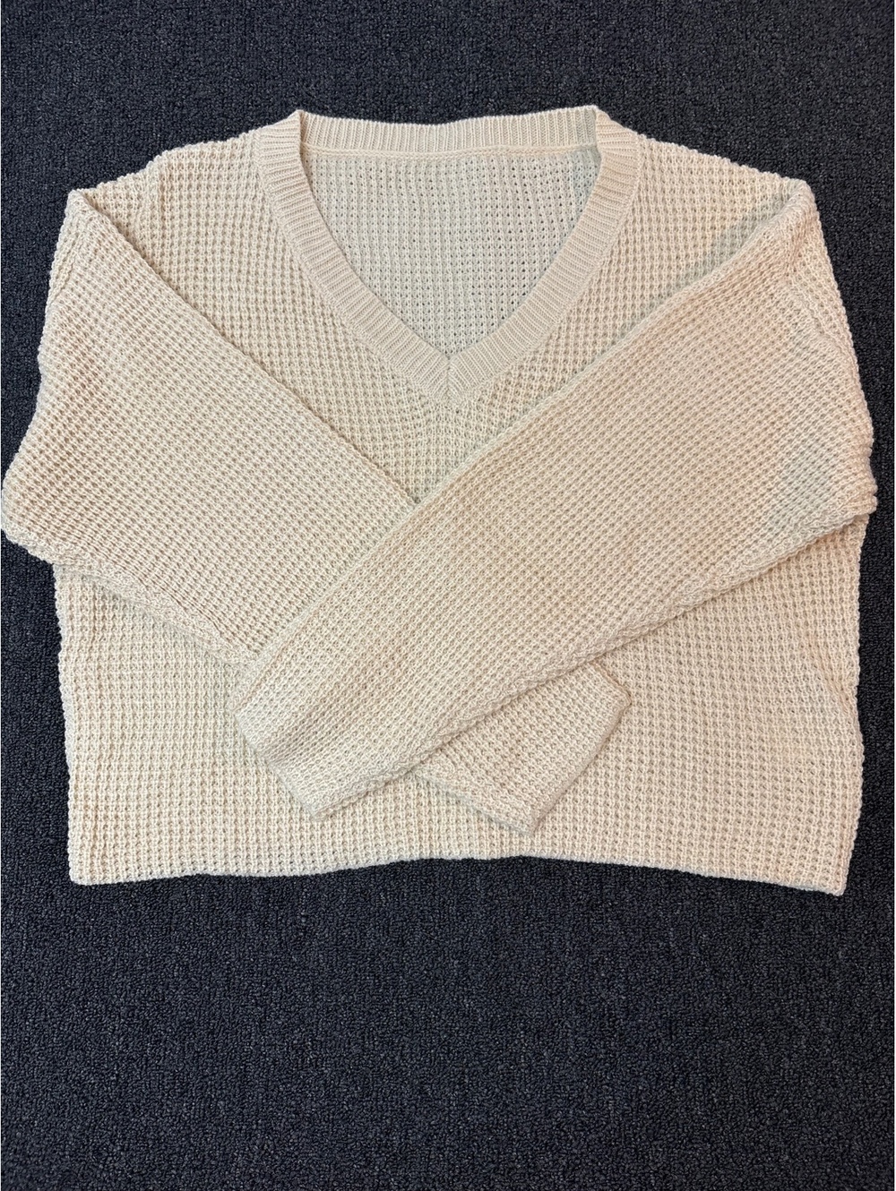Cream Waffle Knit V Neck Sweater Size Large Neutral Minimalist